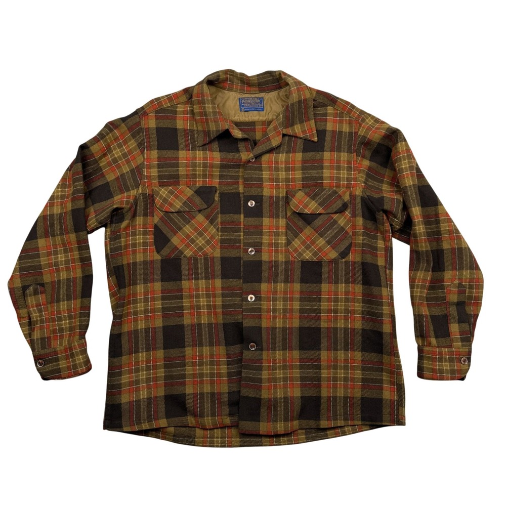 VTG Pendleton Flannel Shirt Mens L Brown Plaid Virgin Wool Long Sleeve Button Up